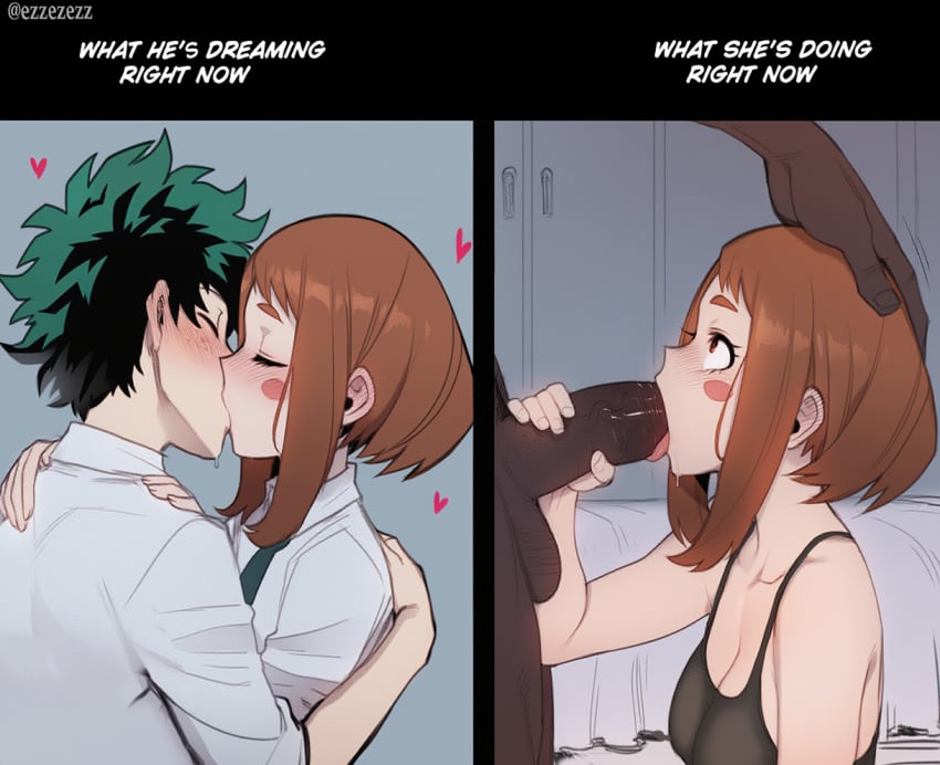 1girls 2boys ai_generated big_penis cuckold dark-skinned_male dark_skin english_text ezzezezz fellatio female interracial izuku_midoriya kissing male my_hero_academia ochako_uraraka text