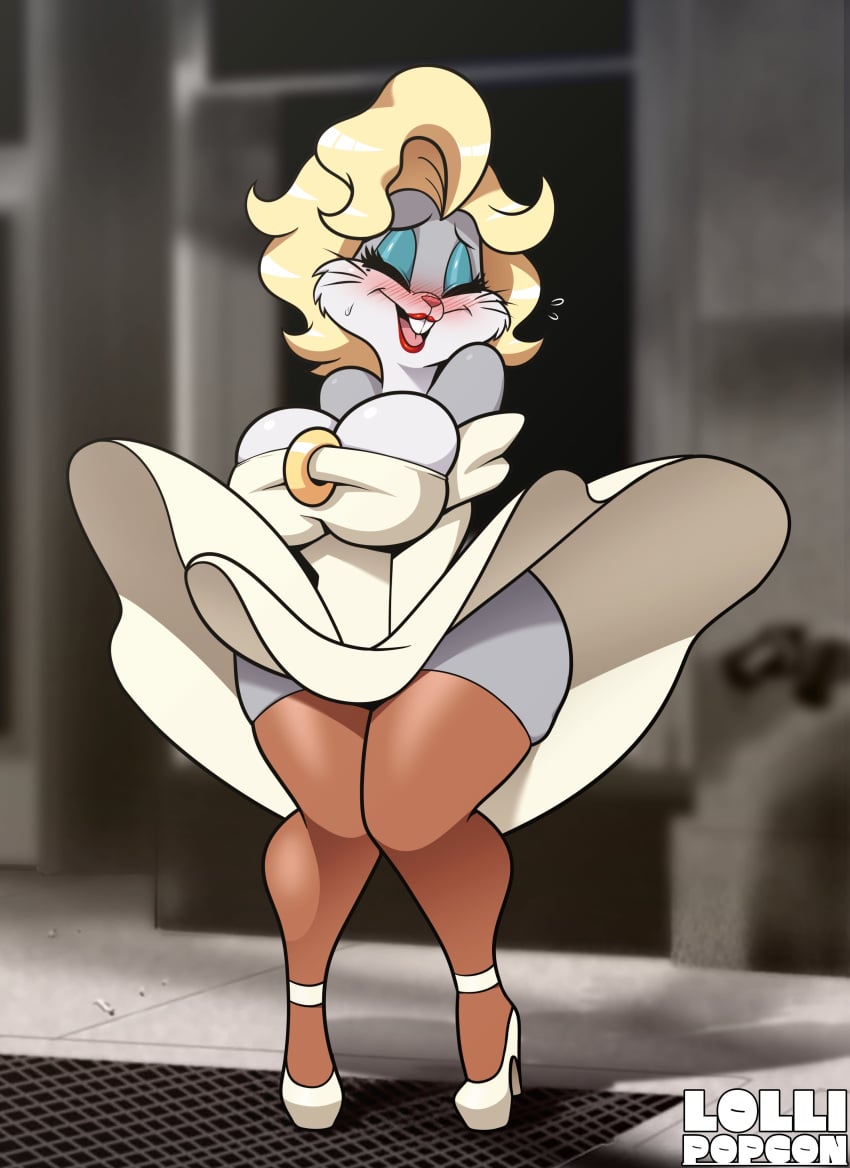 2d 2d_(artwork) artist_name artist_signature ass ass_showing big_breasts blush bubble_butt bugs_bunny female female_only fembugs_bunny furry lollipopcon looney_tunes marilyn_monroe marilyn_monroe_(cosplay) rule_63 skirt_lift warner_brothers