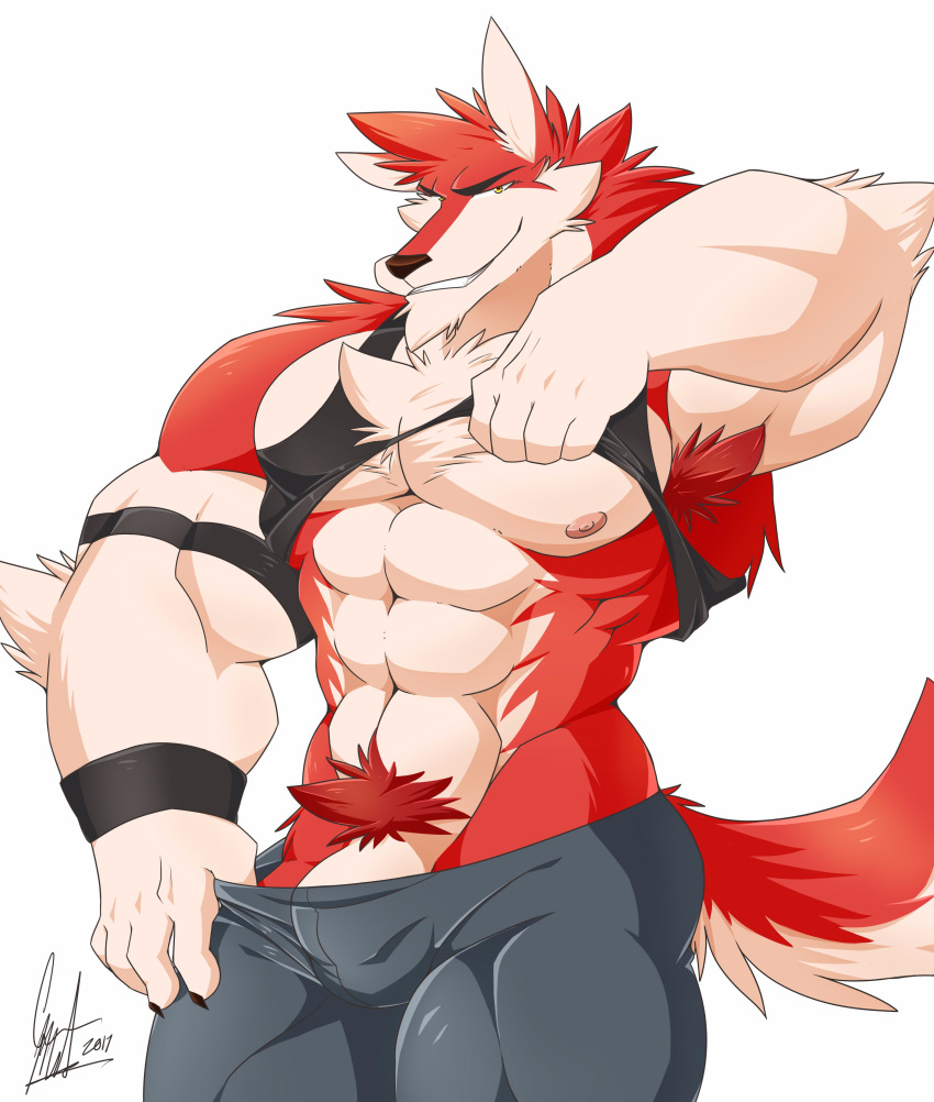 2017 5_fingers abs absurdres anthro biceps big_biceps big_muscles big_pecs bulge canine clothing_lift daikitei fur furry highres looking_at_viewer male male_only mammal muscular muscular_male nipples pants pecs pubic_hair red_fur shirt shirt_lift solo tank_top wolf