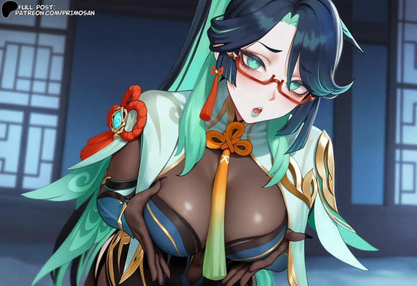 :o ai_generated aqua_eyes aqua_lipstick bodysuit breasts_squeezed_together chinese_hairpin embarrassed genshin_impact glasses hair_ornament hairpin large_breasts long_hair looking_at_viewer mature_female ponytail primosan red-framed_eyewear red-framed_glasses revealing_clothes semi-rimless_eyewear tassel very_long_hair xianyun_(genshin_impact)