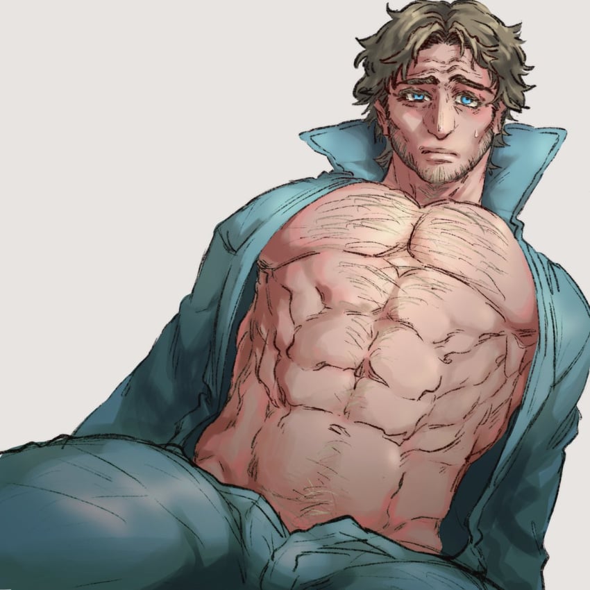 blonde_hair chest chest_hair curly_(mouthwashing) jumpsuit mouthwashing mouthwashing_(game) muscular muscular_male nervous pecs pubic_hair pubic_hair_peek sole_male tagme unzipped