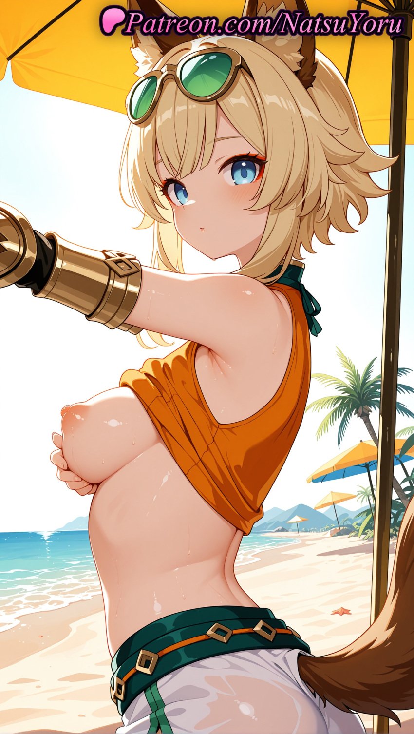 1girls 2025 ai ai_assisted ai_generated animal_ear_fluff animal_ears anime anime_style armpits ass bangs bare_shoulders beach beach_umbrella belt blonde_hair blue_eyes blush breasts bust busty cat_ears closed_mouth clothes_lift crop_top day eyeshadow eyewear_on_head female female_focus female_only female_solo from_side genshin_impact green-tinted_eyewear hentai hi_res high_quality high_resolution highres hoyoverse juicy_butt kachina_(genshin_impact) lifted_by_self looking_at_viewer looking_to_the_side makeup medium_breasts medium_hair mihoyo mihoyo_technology_(shanghai)_co._ltd. natsuyoru nipples nipples_outside non-asian ocean orange_shirt oshiri outdoors palm_tree parasol patreon sand see-through selfie shirt shirt_lift short_hair short_hair_with_long_locks shorts side sidelocks sleeveless sleeveless_shirt solo solo_female stable_diffusion sunglasses tail tinted_eyewear umbrella uncensored_nipples voluptuous voluptuous_female water wet wet_clothes white_shorts