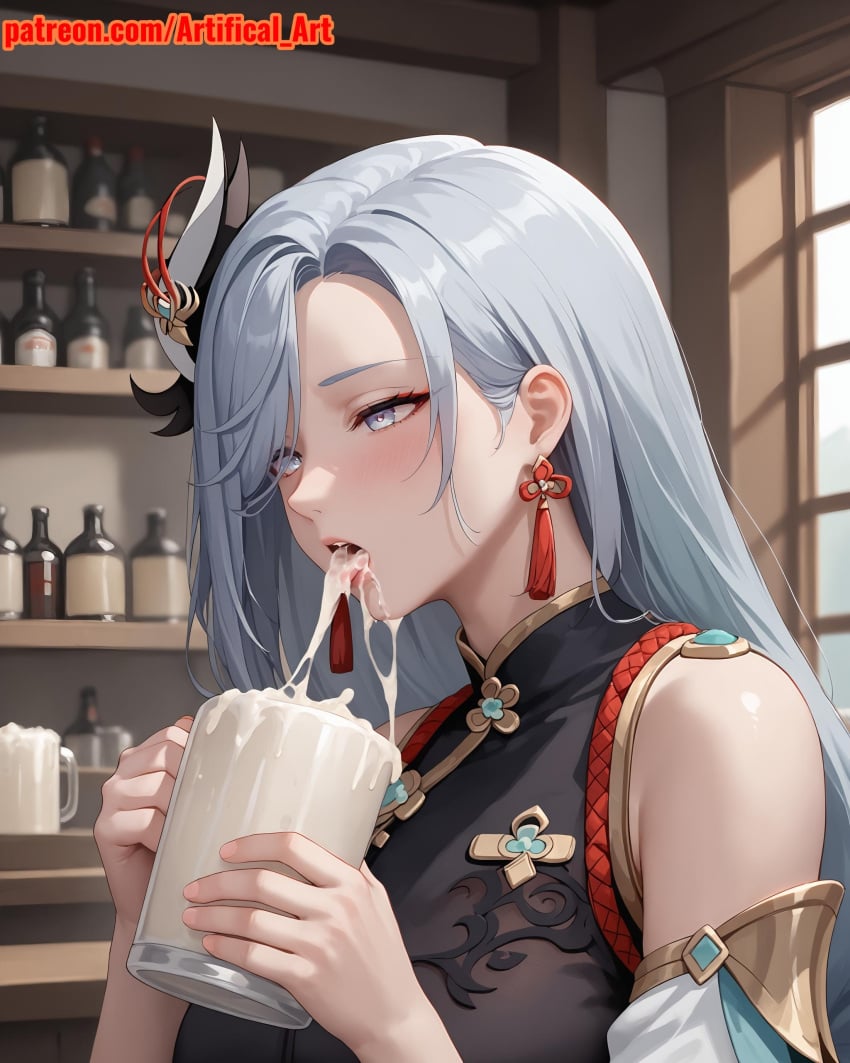 1girls ai_generated anime_girl artifical_art blue_eyes blush braided_hair cum cum_drinking cum_in_mouth dripping dripping_cum dripping_semen genshin_impact gokkun grey_hair hair_ornament hoyoverse light-skinned_female long_hair medium_boobs medium_breasts semen semen_in_mouth shenhe_(genshin_impact) solo white_hair