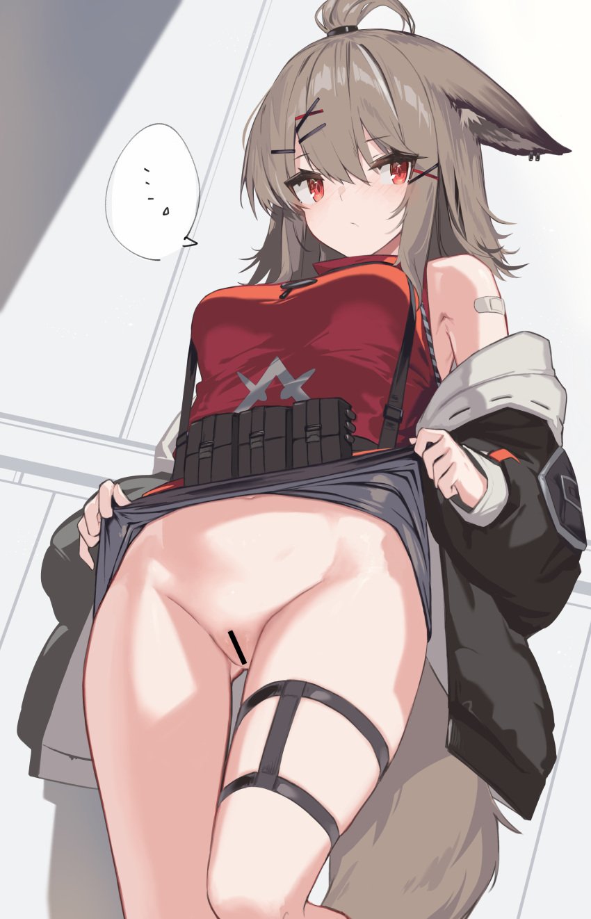 1girls animal_ears arknights bottomless censored cutter_(arknights) red_eyes thighs yki