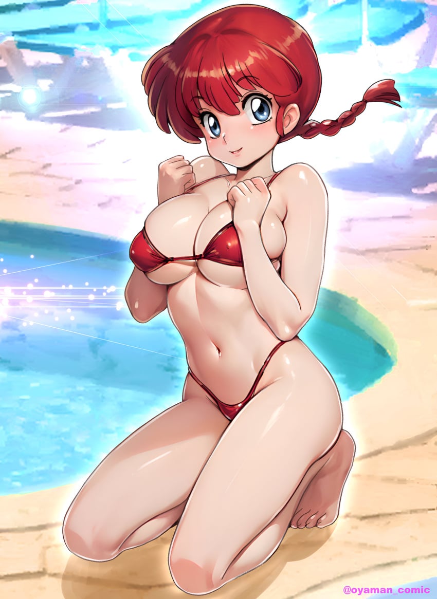 bare_arms bare_belly bare_legs bare_shoulders bare_thighs barefoot belly_button big_breasts bikini blue_eyes blush body_blush braid breasts breasts_squeezed_together cleavage closed_mouth collarbone feet highleg_bikini micro_bikini nipples_visible_through_clothing on_knees oyaman pool poolside ranma-chan ranma_1/2 red_bikini red_hair shiny_skin smile squeezing_own_breasts string_bikini thighs toes