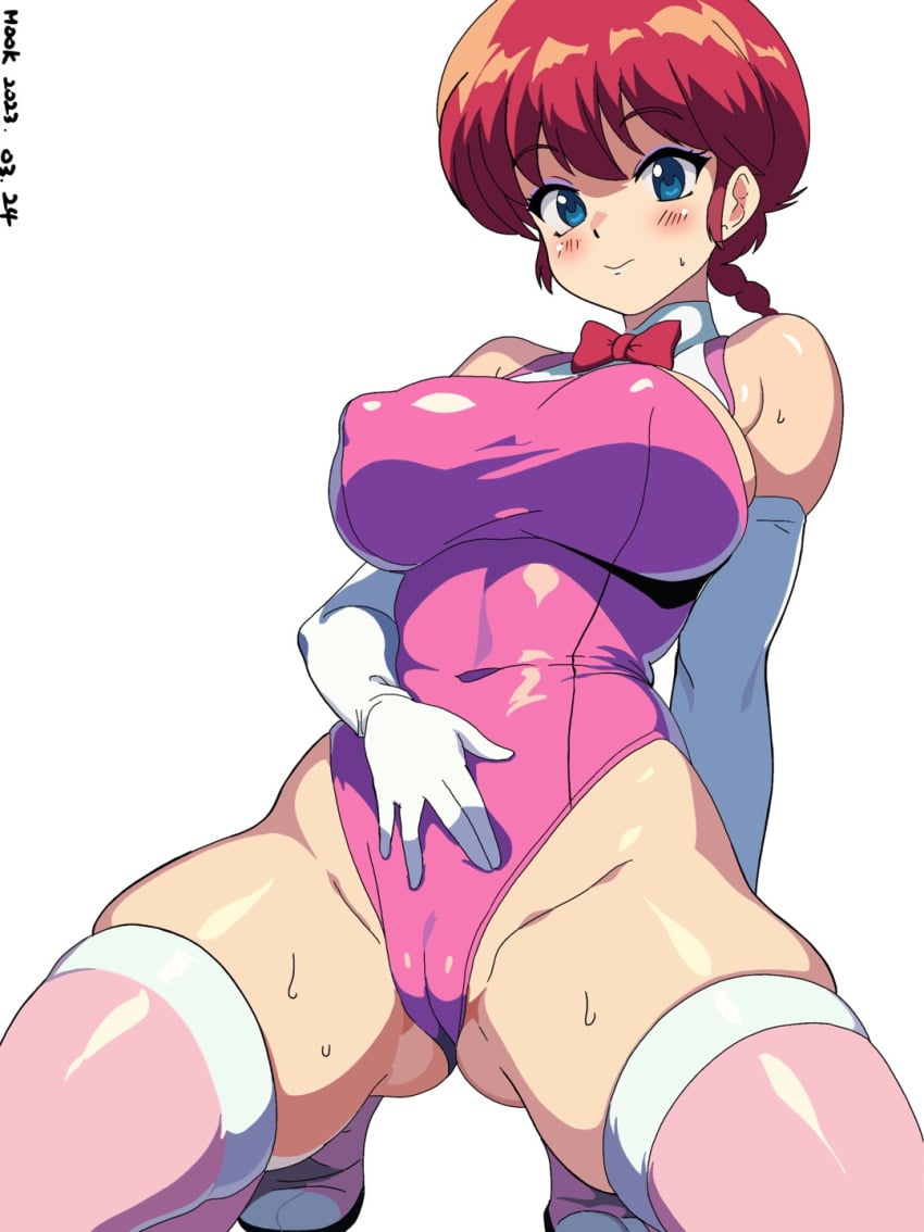 ass_visible_through_thighs bare_shoulders belly_button_visible_through_clothing big_breasts blue_eyes blush body_blush braid breasts cameltoe closed_mouth donguri2 elbow_gloves gloves highleg_leotard leotard nipples_visible_through_clothing pink_leotard pink_thighhighs ranma-chan ranma_1/2 red_hair shiny_skin smile spread_legs sweatdrop thick_thighs thighhighs thighs white_gloves