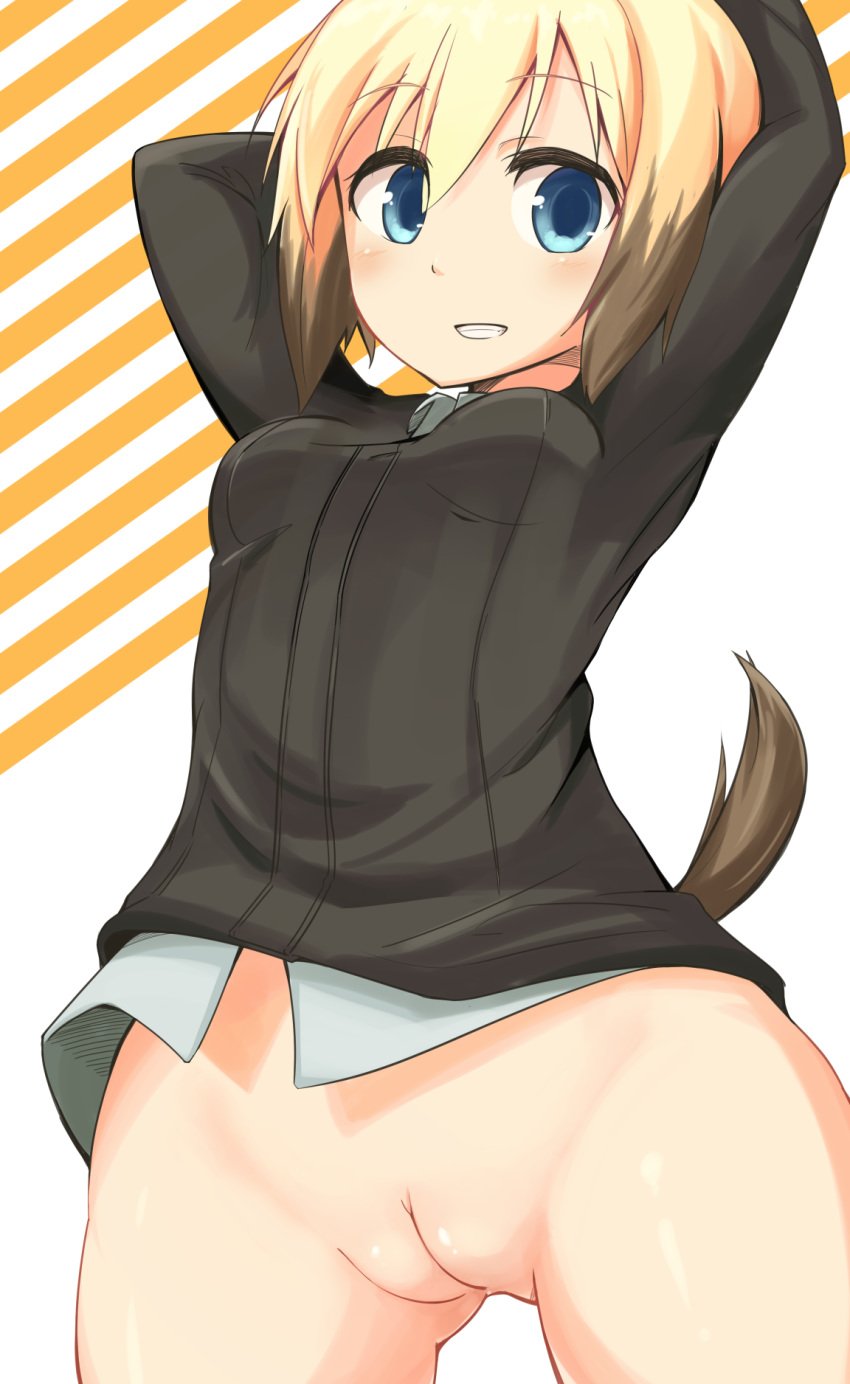 :d aqua_eyes arms_up blonde_hair blush bottomless breasts brown_hair clothing dog_tail dosu erica_hartmann female grin jacket long_sleeves looking_at_viewer military military_uniform multicolored_hair open_mouth pussy shirt short_hair small_breasts smile solo standing strike_witches tail two-tone_hair uncensored uniform world_witches_series