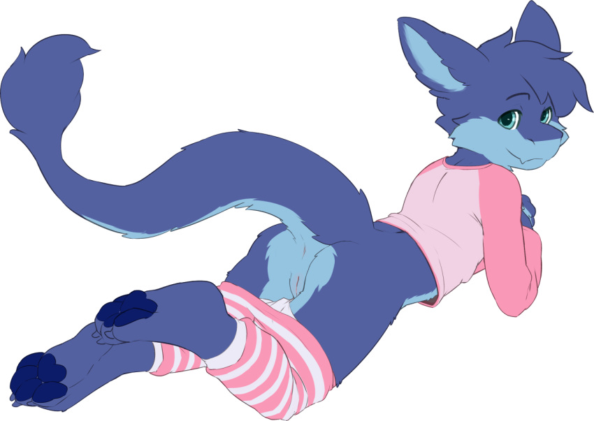 4_toes anus ass blue_eyes blue_fur clothed clothing cuntboy fur girly harzipan intersex long_tail looking_at_viewer looking_back pajamas panties panties_down pants_down partially_clothed pawpads pink_clothing pussy rear_view sergal seth-iova stripes toes underwear