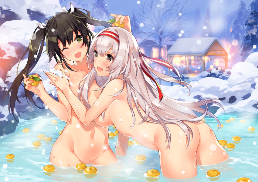 2girls :d ;d ass bangs bare_tree bath bathing black_hair blush breasts brown_eyes brown_hair censored clavicle convenient_censoring eyebrows_visible_through_hair female food fruit green_eyes hair_between_eyes hair_ornament hair_ribbon hairband holding holding_fruit house kantai_collection large_breasts long_hair looking_at_another mandarin_orange multiple_girls navel nude one_eye_closed onsen open_mouth ribbon shiny shiny_skin shoukaku_(kantai_collection) silver_hair smile snow snowing soap steam thighs tied_hair tousaki_umiko tree twintails very_long_hair wading wince wink yuri yuzu_(fruit) yuzu_bath zuikaku_(kantai_collection)