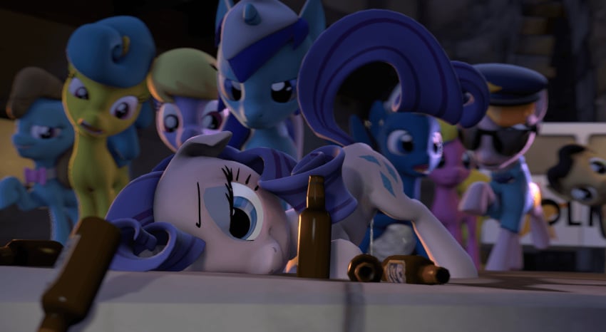 3d alcohol animated ass_up beer beer_bottle beverage cherry_berry_(mlp) clothed clothed_feral clothing cloud_kicker_(mlp) colgate_(mlp) copper_top_(mlp) drunk female female_focus feral fishimira friendship_is_magic lemon_hearts_(mlp) my_little_pony night_glider_(mlp) omorashi peeing police rarity_(mlp) solo_focus source_filmmaker urine