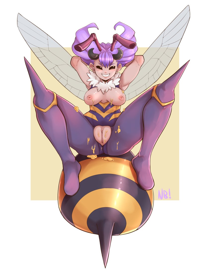 absurdres antennae areolae armpits ass bangs bee black_eyes blush breasts breasts_out clothing crotch_cutout darkstalkers female female_only front_view full_body hairless_pussy highres honey innie_pussy insect_girl insect_humanoid large_breasts neck_tuft nerdbayne nipples presenting presenting_pussy purple_hair pussy q-bee signature small_breasts smile solo spread_legs stinger tights tuft wings