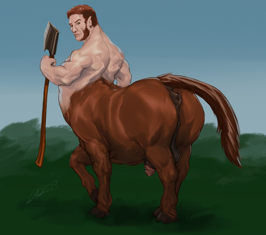 animal_genitalia animal_genitalia_on_humanoid animal_humanoid animal_penis anus ass axe balls beard brown_fur brown_hair centaur ear_piercing equine equine_penis equine_taur facial_hair facial_piercing flaccid fur grass hair hooves horse_anus_on_humanoid horsecock horsecock_on_humanoid humanoid laser_(artist) male male_only mammal melee_weapon muscular nose_piercing nose_ring nude outside penis piercing pink_penis presenting presenting_hindquarters raised_tail rear_view sky solo taur weapon white_skin