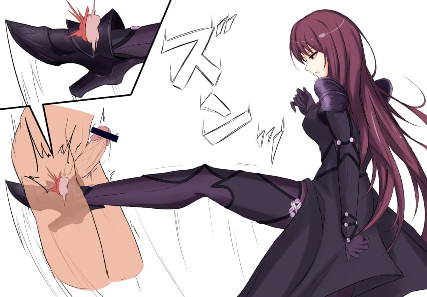 1boy ballbusting clothed_female_nude_male commentary_request crotch_kick fate_(series) female high_heels kicking_balls long_hair nude penis piro_(iiiiiiiiii) purple_hair red_eyes scathach_(fate) testicles