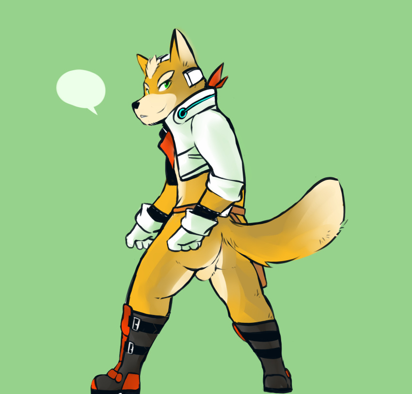 anthro ascot ass balls boots canine clothed clothing footwear fox fox_mccloud fur gloves green_eyes hair jacket looking_at_viewer looking_back male male_only mammal mostly_nude nintendo presenting presenting_hindquarters smile solo speech_bubble standing star_fox tohfu video_games