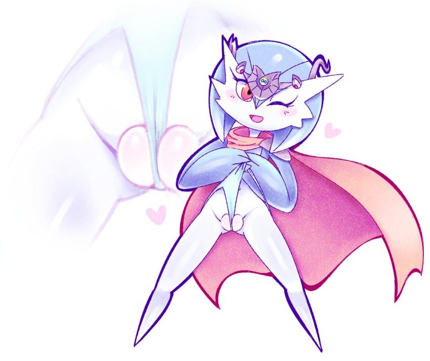 alternate_color atlas_(artist) between_labia blue_hair blue_panties blush cape female flat_chest frontal_wedgie full_body gardevoir hands_together hands_up heart innie_pussy looking_to_the_side mega_stone navel no_breasts no_humans one_eye_closed open_mouth panties partially_visible_vulva pokémon_(species) pokemon pokemon_(species) pokemon_rse puffy_pussy red_eyes self_wedgie shiny_pokemon short_hair simple_background smile solo spread_legs standing underwear wedgie white_background wink zoom_layer