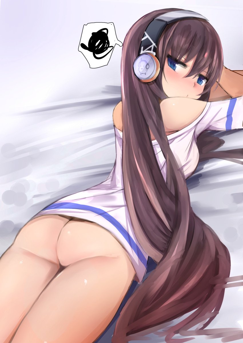 ass azur_lane bangs bed_sheet blue_eyes blush bottomless brown_hair closed_mouth female hair_between_eyes headphones highres jitome long_hair long_island_(azur_lane) looking_at_viewer looking_back lying muoto off-shoulder_shirt off_shoulder on_stomach shirt solo speech_bubble spoken_squiggle squiggle thighs very_long_hair white_shirt