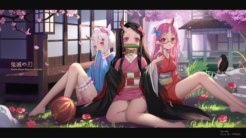 3girls absurdres animal ball bamboo bangs bell bird bit_gag black-framed_eyewear black_hair blue_bow blue_kimono body_writing bow brown_hair butterfly_hair_ornament character_request checkered cherry_blossoms commentary_request copyright_name demon_horn demon_slayer demoness detailed_background female female_only flower forehead gag glasses gradient_hair hair_ornament hairbow haori heart highres hk_(hk) horn japanese_clothes jingle_bell kamado_nezuko kimetsu_no_yaiba kimono knees_up letterboxed long_hair long_sleeves looking_at_viewer mouth_hold multicolored_hair multiple_girls obi on_grass open_clothes parted_bangs petals pink_bow pink_flower pink_hair pink_kimono pixiv_id pointy_ears pussy_juice red_eyes red_kimono round_eyewear sash short_hair silver_hair sitting tally thick_eyebrows thigh_strap tree_branch very_long_hair vibrator water wide_sleeves yokozuwari