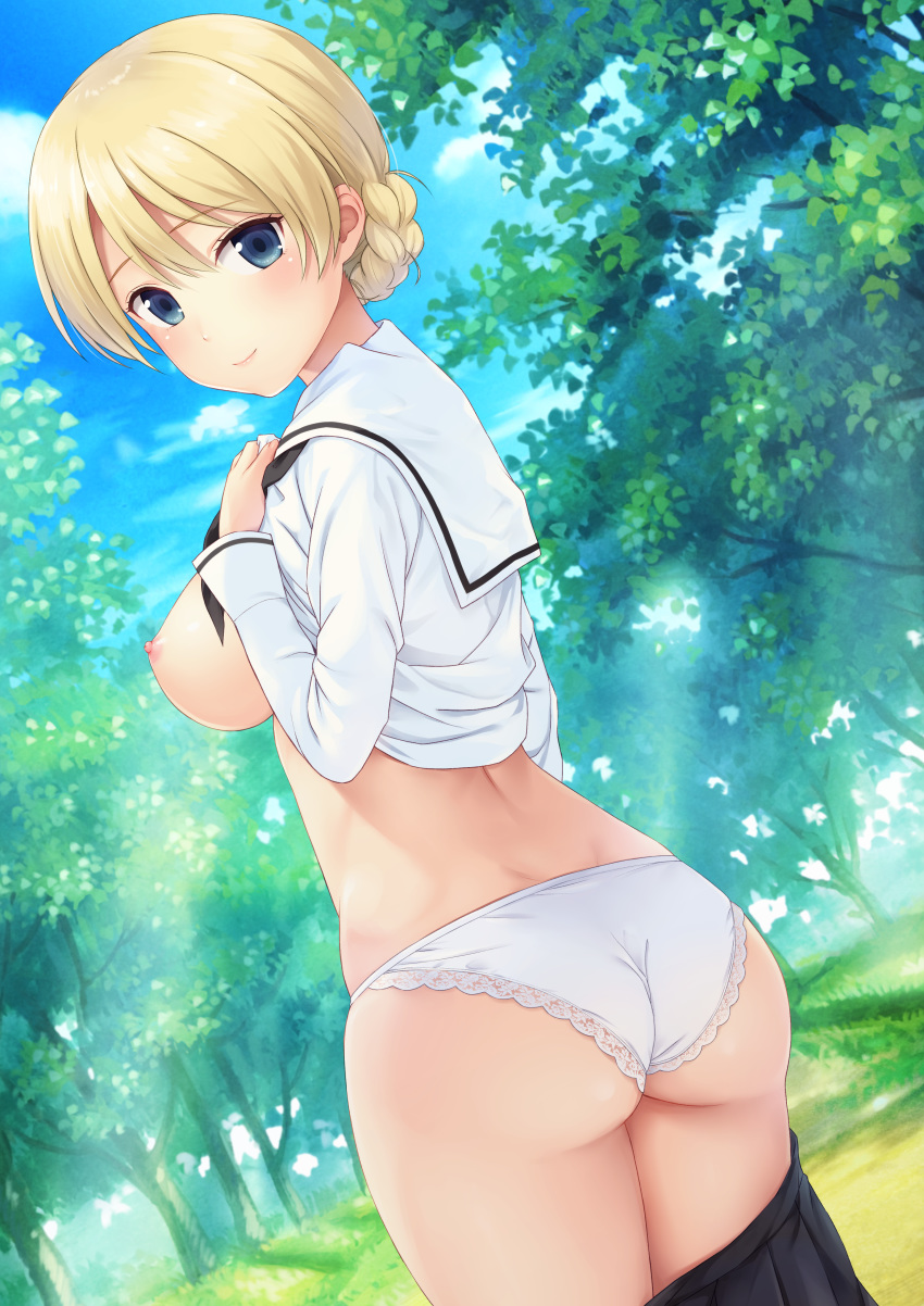 1girls absurdres ass blonde_hair blue_eyes blush braid breasts closed_mouth cowboy_shot darjeeling dutch_angle enty_reward eyebrows_visible_through_hair female from_behind girls_und_panzer hair_bun hand_on_own_shoulder highres huge_filesize lace lace-trimmed_panties large_breasts looking_at_viewer n.g. nipples outdoors paid_reward panties perky_breasts sailor_collar sailor_shirt shirt shirt_lift short_hair skirt skirt_pull smile solo uncensored underwear white_panties