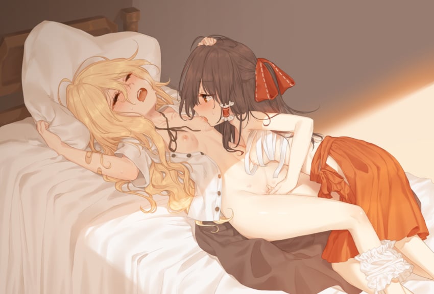 2girls bandaid bed bloomers bloomers_(victorian) blush bottomless bow breast_licking breasts breasts_out brown_hair clothed_sex cowgirl_position drooling fingering hair_ribbon hair_tubes hairbow hajin hakama_skirt hand_on_another's_head highres hips indoors licking long_hair lying marisa_kirisame messy_hair multiple_girls neck_ribbon nipple_licking nipples no_bra on_back on_bed open_clothes open_mouth open_shirt orgasm pillow pillow_grab pussy_juice red_eyes reimu_hakurei ribbon sarashi sex shirt short_sleeves skirt skirt_removed small_breasts sunlight sweat tears torogao touhou underwear undone_sarashi very_long_hair wavy_hair yuri