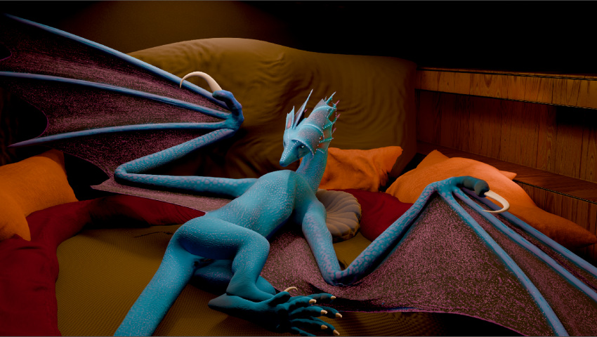 5_toes bed blue_body blue_skin dragon european_mythology feet female feral frill_(anatomy) furniture glowing glowing_eyes hi_res lying lying_on_bed mythological_creature mythological_scalie mythology on_bed on_side pinup pose scalie solo toes varell vylara_(rygeldragon2026) western_dragon wings wyvern