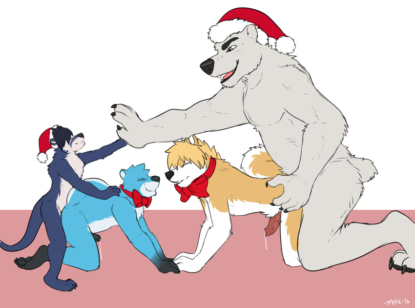 -mike- all_fours anal bear boozledoof canine christmas doggy_style from_behind_position hat high_five holidays leaking male mammal mustelid orion_eisbaer otter otter-casey partner_swap polar_bear precum santa_hat sex size_difference sompor yaoi