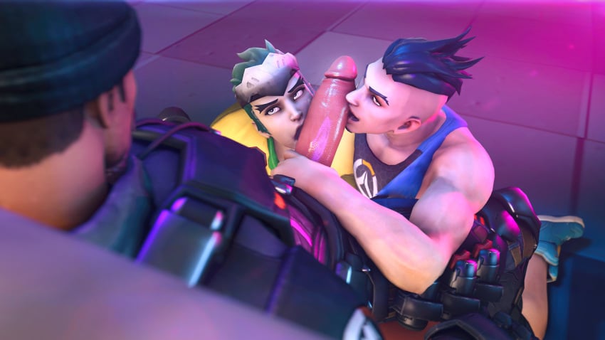 3boys 3d bara beanie blackwatch_reyes blizzard_entertainment dead_or_alive erection gay genji killystein male male_focus male_only multiple_blowjob multiple_boys original_character overwatch penis reaper source_filmmaker trio yaoi young_genji