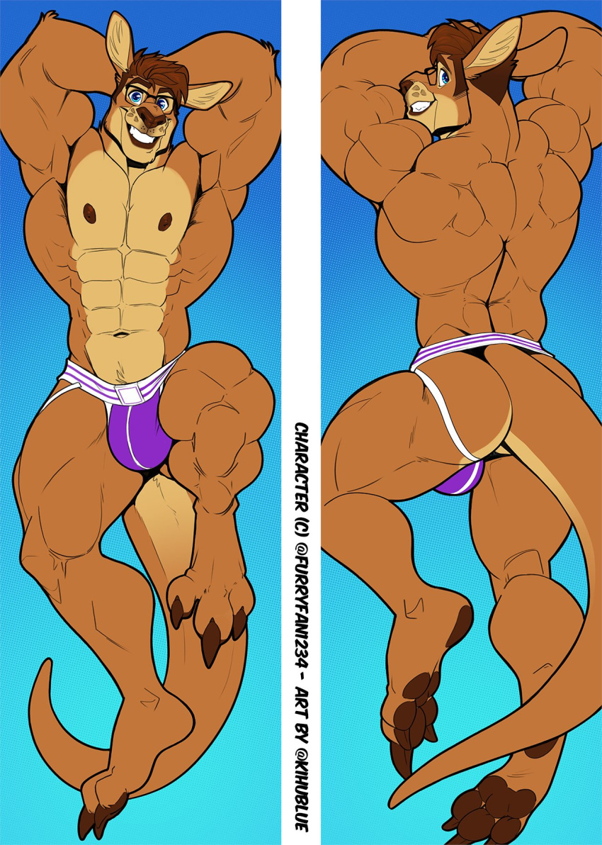 2020 abs anthro ass back_muscles biceps blue_eyes brown_hair bulge clothed clothing dakimakura_design dangaroo eyewear glasses hair hi_res jockstrap kangaroo kihu looking_back macropod male male_only mammal marsupial muscular muscular_male navel nipples pecs purple_clothing purple_underwear rear_view smile solo topless underwear