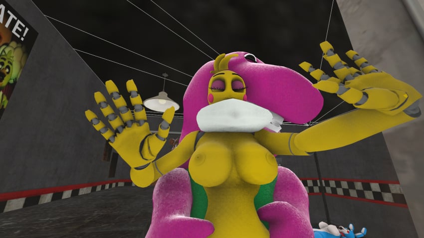 1boy 2girls anal_sex animatronic anthro barney_and_friends barney_the_dinosaur breasts crossover female five_nights_at_freddy's five_nights_at_freddy's_2 from_behind furry large_breasts male nipples no_humans nude sex source_filmmaker straight toy_bonnie_(fnaf) toy_chica_(fnaf)