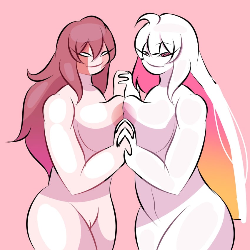 2girls aniram_13 anthro areolae arms ass big_ass big_breasts big_thighs breasts crown female female_focus female_only friday_night_funkin friday_night_funkin:_entity friday_night_funkin_mod handdrawn handdrawn_art happy happy_female hi_res highres holding_hands huge_breasts nikusa_(sugarratio) pink_skin pink_skinned_female pressing_breasts_together pussy sarvente_(dokki.doodlez) sarvente_(friday_night_funkin) tits unknown_species white_background white_body white_eyes white_hair white_skin white_skinned_female