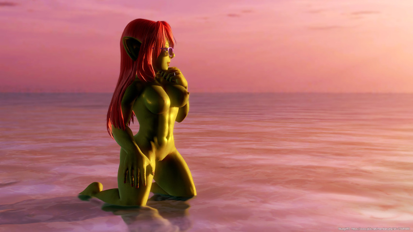 3d blizzard_entertainment bluegirl91 breasts eyewear female female_only goblin goblin_female green_skin humanoid jaybee nipples nude original_character pointy_ears pussy red_hair solo sunglasses warcraft