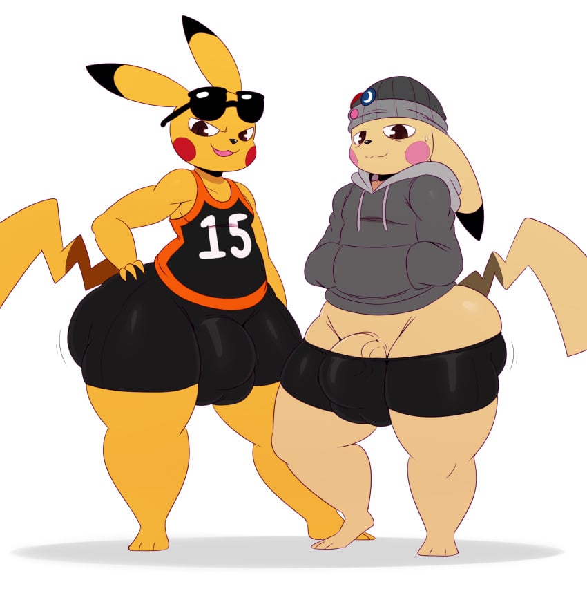 2017 anthro beanie_(starykrow) big_booty_pikachu big_bulge bulge clothed clothing duo eyewear femboy furry furry_only girly hi_res hoodie looking_at_viewer male_only mammal nintendo no_humans penis_outline pikachu pokémon_(species) pokemon shorts skimpy sssonic2 sunglasses sweat teapot_(body_type) thick_thighs trap vein video_games wide_hips