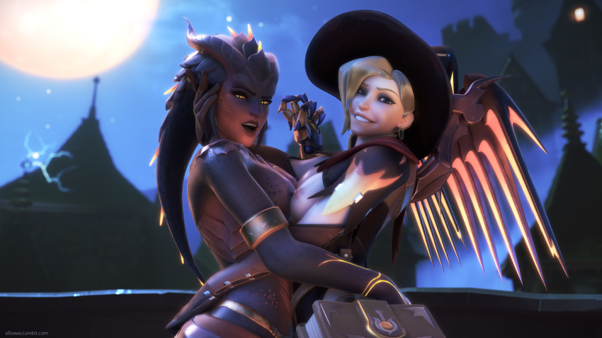 3d alternate_costume areolae blender blizzard_entertainment breasts dragon_symmetra duo ellowas erect_nipples female female_only junkenstein's_revenge_(map) mercy nipples overwatch symmetra witch_mercy