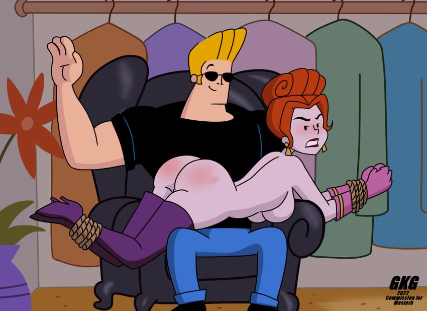 1boy ass blonde_hair bound brown_hair clothed_male_nude_female female female gkg johnny_bravo johnny_bravo_(series) male naked spanking straight vivian_vixen