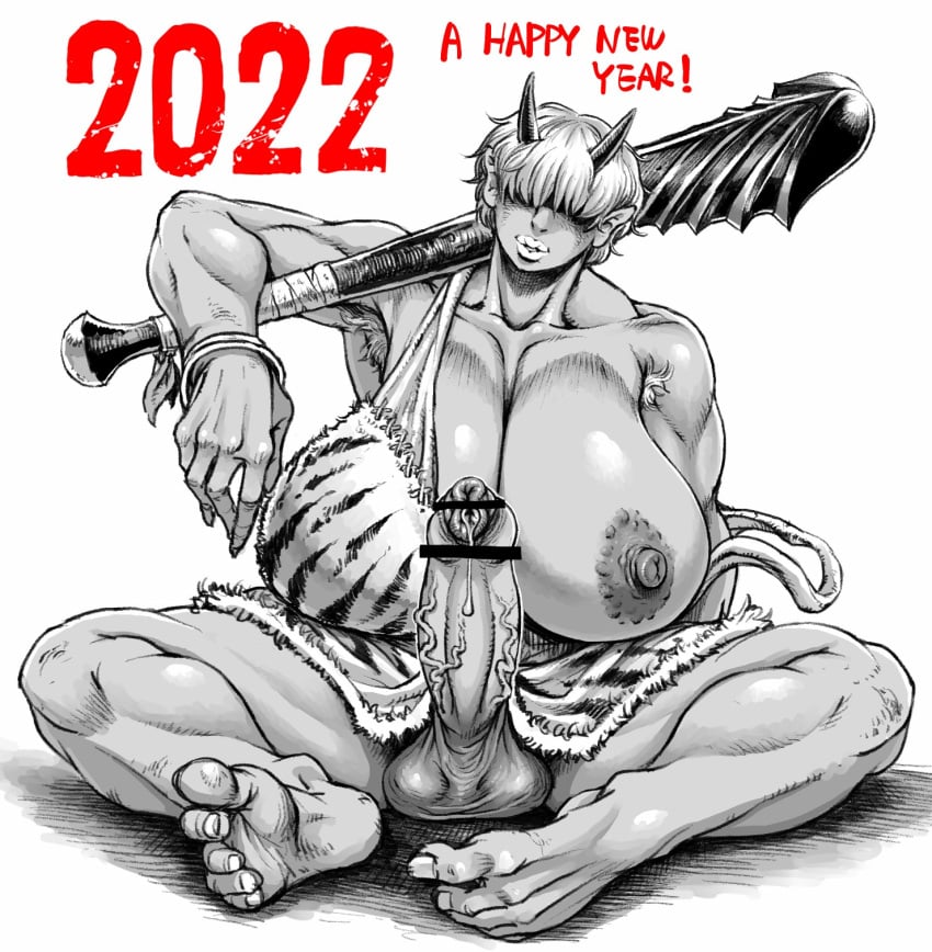 1futa 2022 alternate_version_available armpit_hair bare_shoulders barefoot big_breasts bimbo black_and_white bracelet breasts busty censored clothed clothing club_(weapon) curvy detailed_background double double_deck english_text erect_nipples erection folklore foreskin front_view fully_clothed futa_only futanari gigantic_breasts holding_object horn horns humanoid japanese_mythology looking_at_viewer monster monster_girl mostly_nude muscle muscular muscular_futanari mythology new_year oni penis pointy_ears pose posing pubic_hair public_domain short_hair simple_background sitting sketch solo spread_legs spreading text thick_lips thick_thighs uncut voluptuous weapon white_background wide_hips