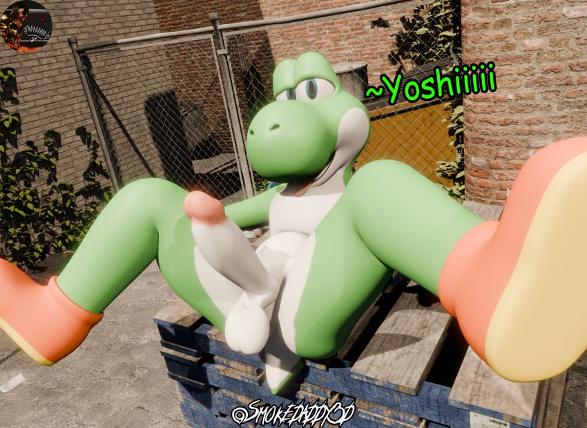 1boy 3d 3d_(artwork) anus anus_peek balls ballsack blue_eyes dinosaur furry gay green_skin green_yoshi humanoid lizard looking_at_viewer male male_only mario_(series) nintendo penis penis_out presenting presenting_anus presenting_ass presenting_penis reptile scalie smokedaddy tongue tongue_out yoshi