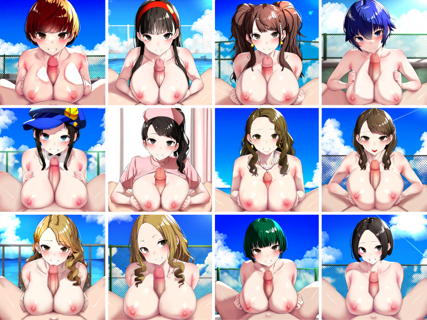 12boys 12girls 6+boys 6+girls ai_generated amagi_yukiko beach big_breasts big_penis black_eyes black_hair blonde_hair blue_eyes blue_hair blush breasts brown_eyes brown_hair censored collage ebihara_ai eri_minami female green_hair hairband hat highres huge_breasts kashiwagi_noriko konishi_saki kujikawa_rise large_breasts long_hair male marie_(persona_4) matsunaga_ayane megami_tensei mosaic_censoring multiple_boys multiple_girls nurse nurse_cap outdoors ozawa_yumi paizuri penis persona persona_4 persona_4_the_golden red_hairband rooftop satonaka_chie sayoko_uehara school_rooftop seductive_smile shirogane_naoto short_hair smile straight twintails