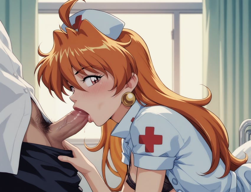 1boy 1girls ai_generated breasts earrings fellatio female from_side human light-skinned_female light_skin lina_inverse long_hair nurse nurse_cap nurse_hat nurse_uniform nyymiai orange_hair partial_male red_eyes red_hair slayers sorceress