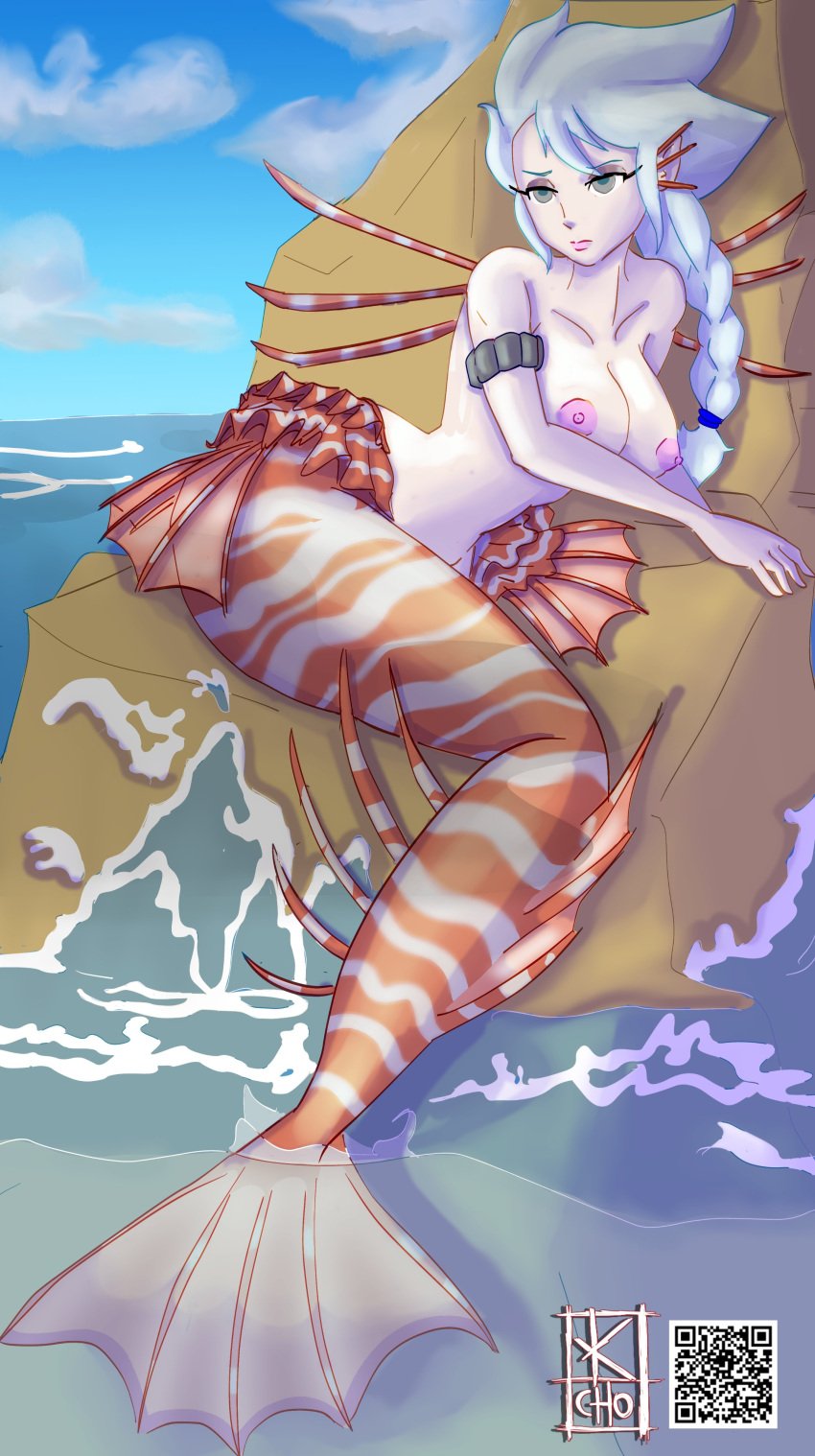 1girls braid braided_ponytail breasts kachomancer mermaid mermaid_girl mermaid_tail original original_character outdoor_nudity outdoors qr_code solo solo_female solo_focus