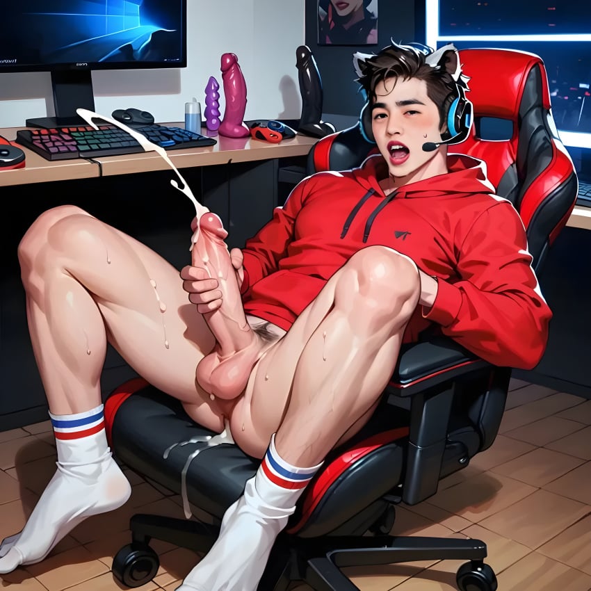 ahe_gao ai_generated big_cock big_penis ejaculation gamer gamer_boy gamer_chair gaming_chair gay gaymer headphones hoodie jack_off kpop male male_only masturbating masturbation raccoon_ears red_hoodie s.coups seventeen socks tagme wireless_earphones