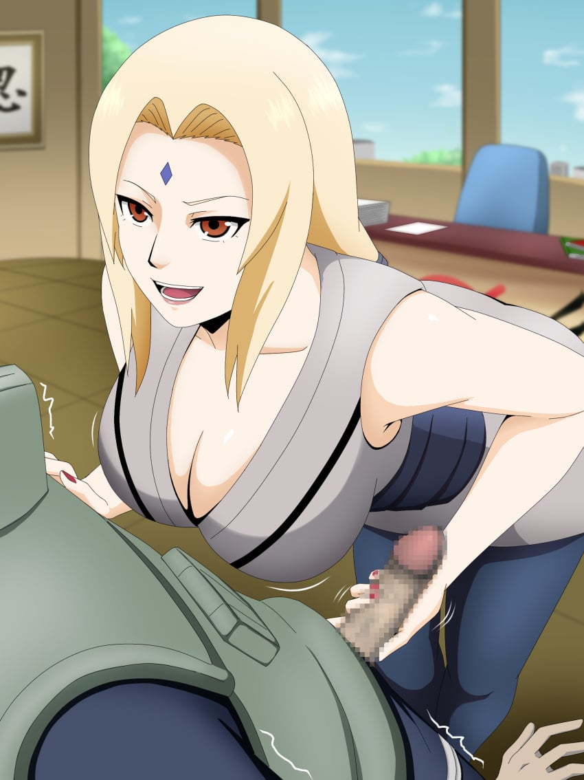 1boy 1girls big_breasts blonde_hair breasts censored cleavage erection female female_pervert femdom garam_masala_(7355873) handjob hard-translated hokage hokage_office huge_breasts imminent_fellatio imminent_penetration indoors kunoichi large_breasts long_hair male mature_female milf naruto naruto_(series) naruto_shippuden ninja penis pervert presenting sagging_breasts sex shinobi straight submission third-party_edit tsunade unseen_male_face voluptuous