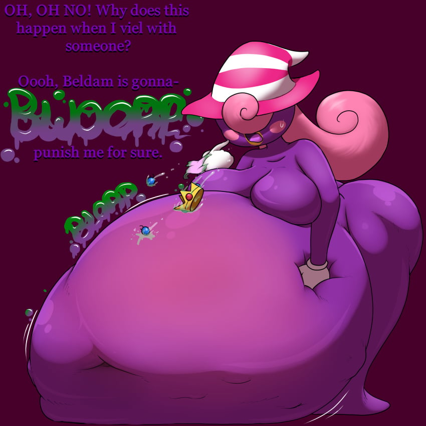 1girls ass belly belly_squish big_ass big_belly big_breasts big_butt breasts burp burping_up_crown burping_up_items crown digestion english_text fat fat_belly female female_only female_pred female_prey hat huge_belly jackheretherealone mario_(series) nintendo paper_mario paper_mario:_the_thousand-year_door pink_hair princess_peach purple_body solo squish text vivian_(paper_mario) vore vore_belly