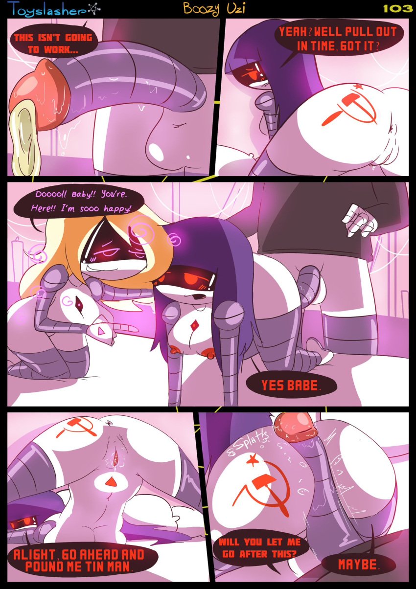 2024 2girls ass blonde_hair blush boozy_uzi breasts comic completely_nude completely_nude_female condom dialogue doll_(murder_drones) english female ffm_threesome jack-o_pose lizzy_(murder_drones) murder_drones nikolay_(toyslasher) page_103 penis purple_hair pussy robot robot_girl sex threesome toyslasher