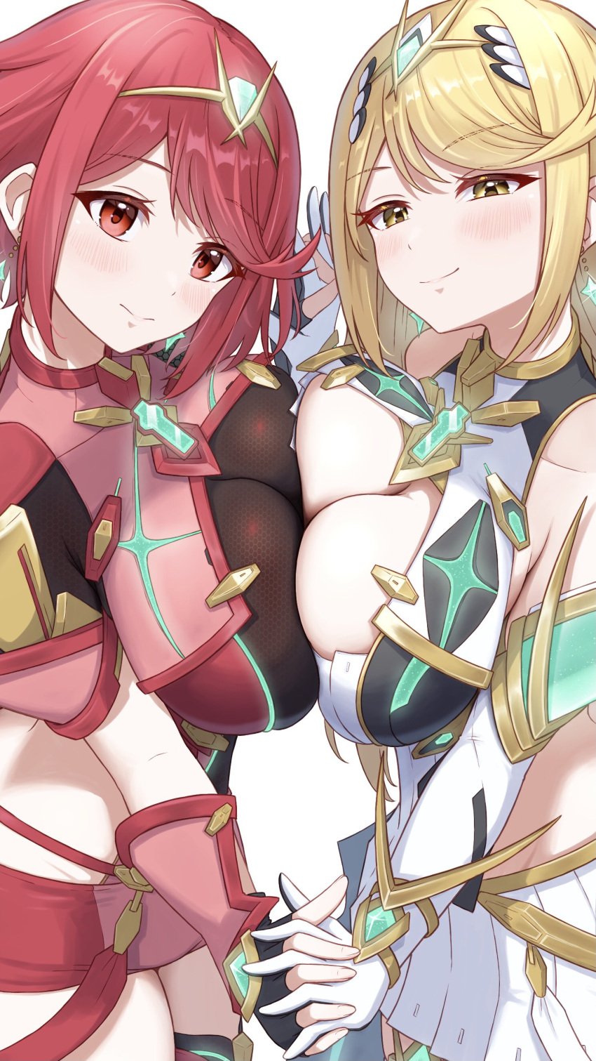 2girls backless_outfit bare_shoulders blonde_hair blush bob_cut breast_press breasts chest_jewel cleavage core_crystal dress drop_earrings earrings elbow_gloves gloves headpiece highres holding_hands impossible_clothes interlocked_fingers jewelry large_breasts long_hair looking_at_viewer multiple_girls mythra nintendo pyra red_eyes red_hair short_hair sketch skindentation smile swept_bangs symmetrical_docking taro_(peach_taro51) tiara very_long_hair xenoblade_(series) xenoblade_chronicles_2 yellow_eyes