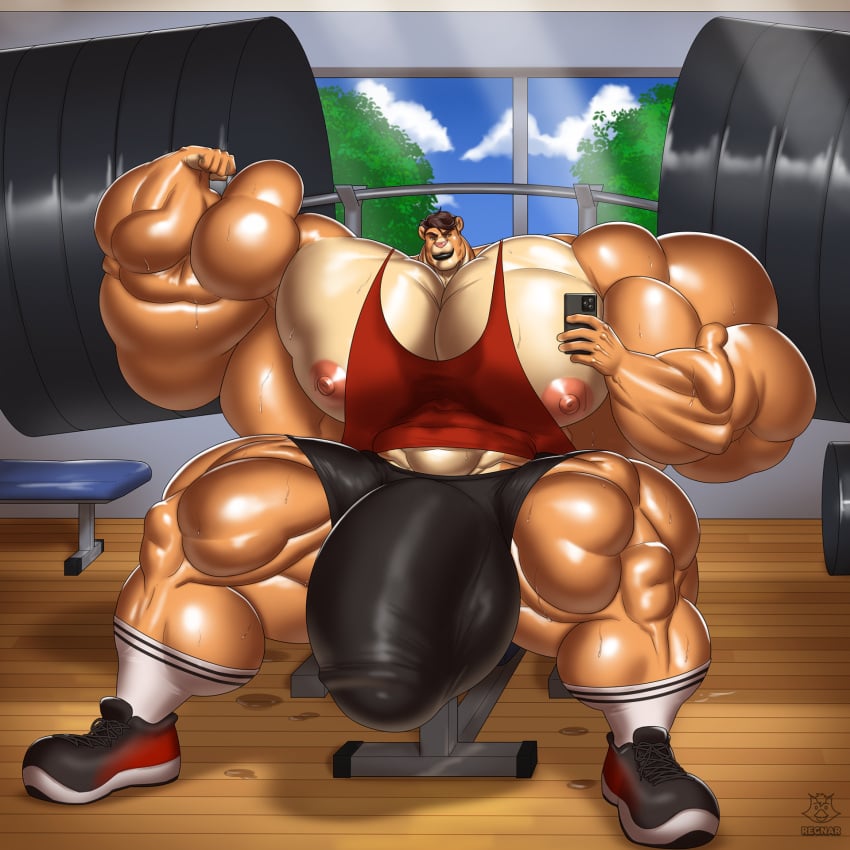 anthro balls bench_press bodybuilder cerulien furry gym hung hyper hyper_balls hyper_cock hyper_genitalia hyper_penis hyper_testicles legs_apart male male_only mirror mirror_selfie muscles muscular muscular_arms muscular_male nipple regnar spread_legs