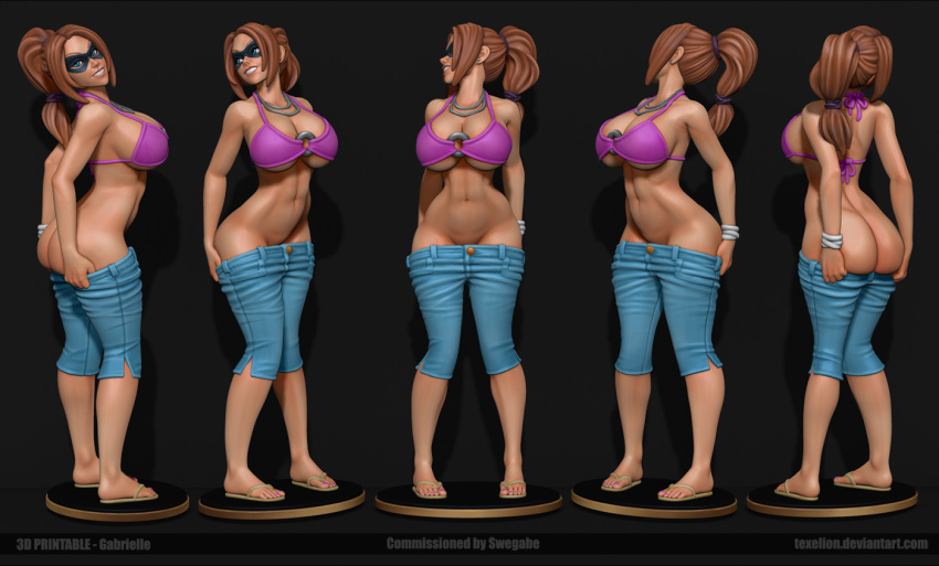 3d abs ass ass_cleavage bare_calves big_breasts bikini_top brown_hair busty butt_crack calves capri_pants cleavage feet female female_focus female_only gabrielle_(swegabe) hourglass_figure large_breasts legend_of_queen_opala mask navel pants pants_down ponytail sandals smile solo standing texelion wide_hips