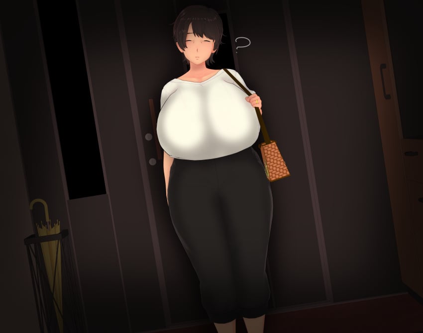 1girls 3d :o ? absurd_res absurdres bag big_breasts breasts brown_hair cheating cheating_wife closed_eyes cuckold cuckold_pov dialogue female full_body hi_res high_resolution highres indoors married_female mature mature_female milf netorare ntr open_mouth original shoulder_bag smile vyrus_smith yaeko_tanaka_(vyrus_smith)