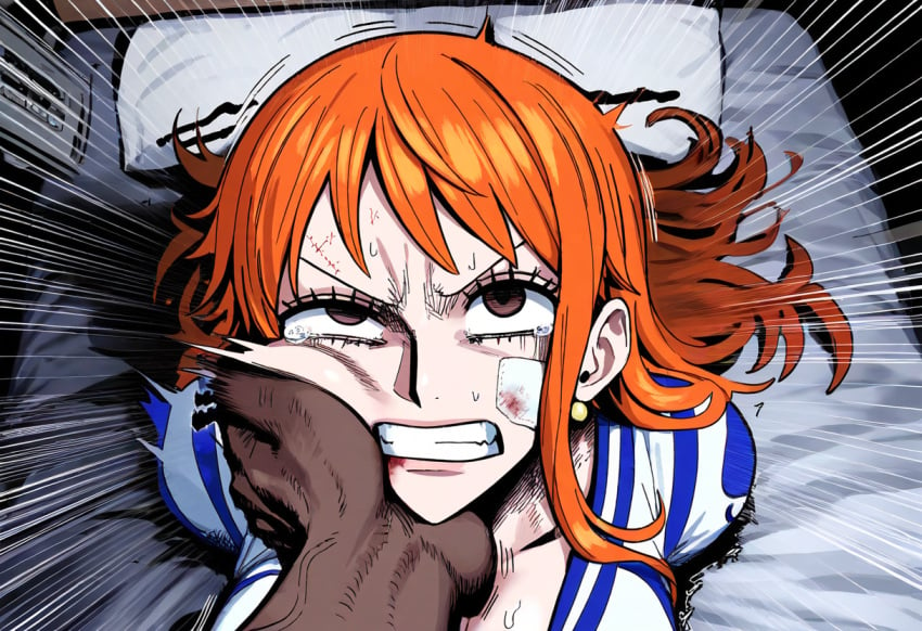 1boy 1girls abuse ai_generated bed bedroom clenched_teeth crying crying_with_eyes_open dark-skinned_male earrings face_slapping female female_focus gloopai indoors injury interracial long_hair male muscular_male nai_diffusion nami nami_(pre-timeskip)_(cosplay) one_piece orange_hair post-timeskip pre-timeskip rolling_eyes rough_sex ryona scared scared_expression slap slapping slapping_face tear tearing_up tears time_paradox trembling veiny_muscles violence