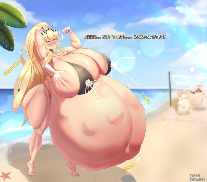 artist_name background_characters barghest_(gawain)_(fate) beach bikini demidegen dialogue english_text fate/grand_order fate_(series) fetal_movement fondling fondling_breast gigantic_belly gigantic_breasts hyper_breasts hyper_pregnancy lactation lactation_through_clothes lens_flare muscular nero_claudius_(fate) pregnant shell starfish tamamo_no_mae_(fate) text unborn_kicking volleyball