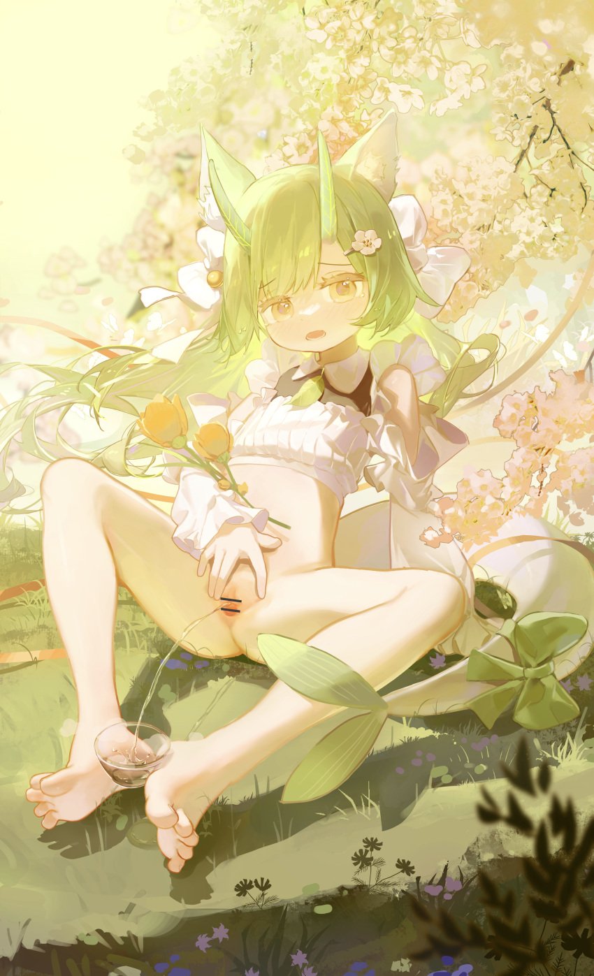 absurdres animal_ear_fluff animal_ears bar_censor barefoot bottomless bow bug butterfly butterfly_on_hand cat_ears cat_girl censored clothing_cutout commentary crop_top detached_sleeves feet female flower full_body grass green_hair green_tail hair_flower hair_ornament hairbow hand_up highres holding_with_feet horns large_variant_set legs long_hair long_sleeves looking_at_viewer midriff navel neko_blow on_ground open_mouth original outdoors pee_in_container peeing peeing_in_cup pussy sandals shirt shoes sitting soles solo spread_pussy spreading_own_pussy symbol-only_commentary tail tail_bow tail_ornament toenails toes unworn_sandals unworn_shoes urine variant_set white_shirt yellow_eyes yellow_flower