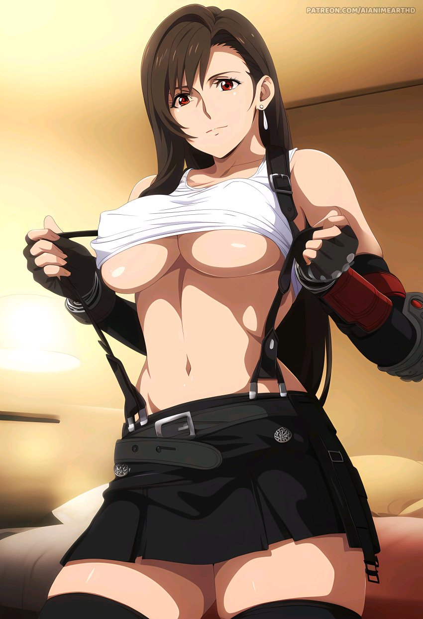 1female 1girls ai_generated aianimearthd athletic athletic_female bangs bed bedroom belly belly_button big_breasts breasts brown_hair brown_hair_female commentary_request english_commentary female female_only final_fantasy_vii hi_res highres indoors lamp light-skinned_female light_skin long_hair long_hair_female red_eyes red_eyes_female room shirt skirt solo solo_female tifa_lockhart very_high_resolution